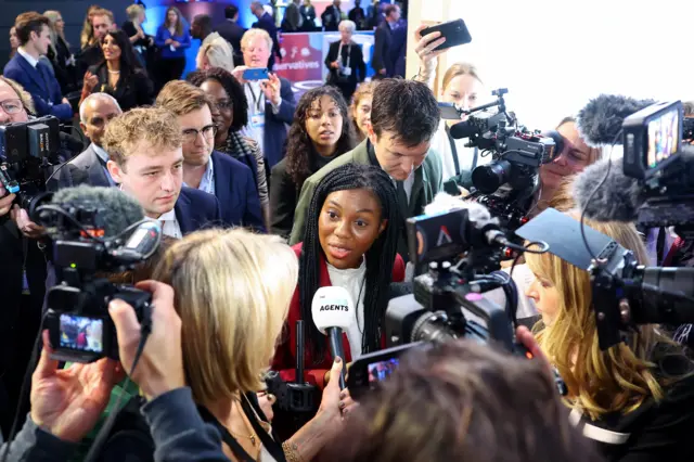 Kemi Badenoch, Conservative Party MP, speaks to the media at Britain's Conservative Party's annual conference, in Birmingham, Britain, September 30, 2024.