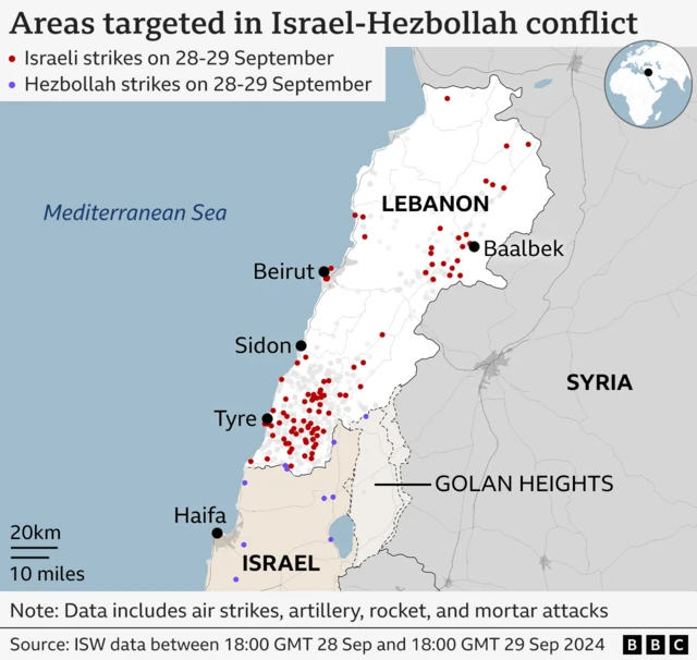 Map showing location of strikes in Lebanon