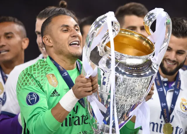 Keylor Navas lifts the trophy after Real Madrid won the Champions League final in 2017