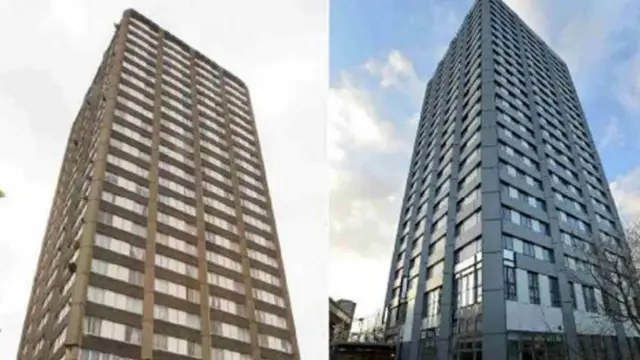 Two side by side images of the tower before and after the refurbishment