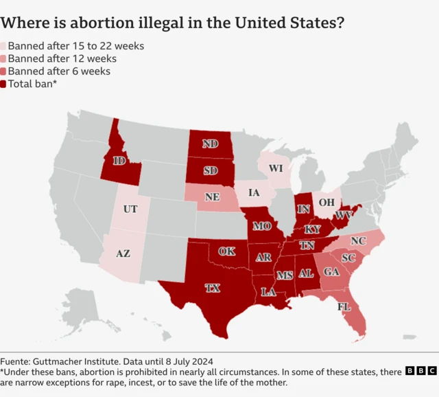 A map of the United States showing which states have restrictions on abortions