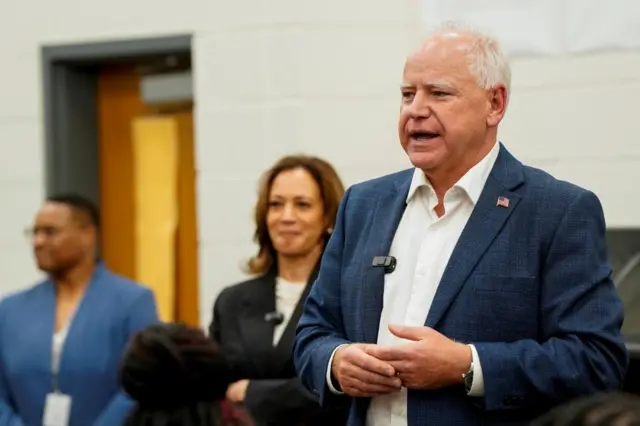 Democratic presidential nominee and U.S. Vice President Kamala Harris and vice presidential nominee Minnesota Governor Tim Walz visit Liberty County High School in Hinesville, Georgia, U.S., August 28, 2024