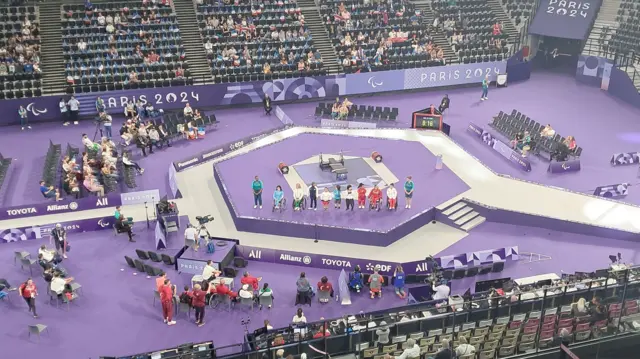 Powerlifters line up before the women's -45kg category