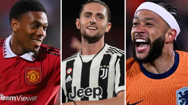 A split picture featuring former Manchester United forward Anthony Martial, ex-Juventus midfielder Adrien Rabiot and former Atletico Madrid forward Memphis Depay