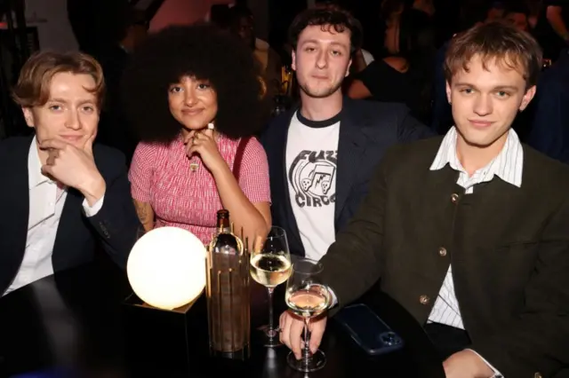 Nicholas Eden, Lily Fontaine, Lewis Whiting and Douglas Frost of English Teacher attend the Mercury Music Awards 2024 at Abbey Road Studios on September 05, 2024 in London, England