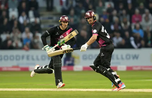 Tom Banton (L) and Tom Kohler-Cadmore of Somerset runs between the wickets during the T20 Vitality Blast quarter final