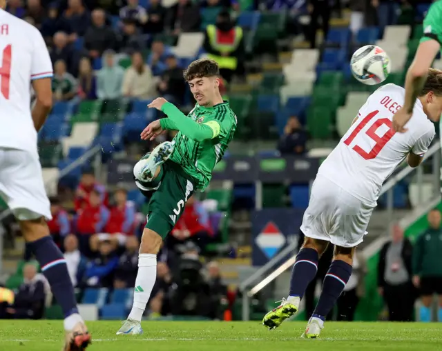 Northern Ireland captain Trai Hume tries his luck in tonight's game against Luxembourg