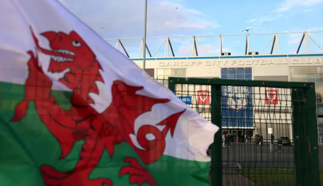 A Wales flag flies outside the Cardiff City Stadium