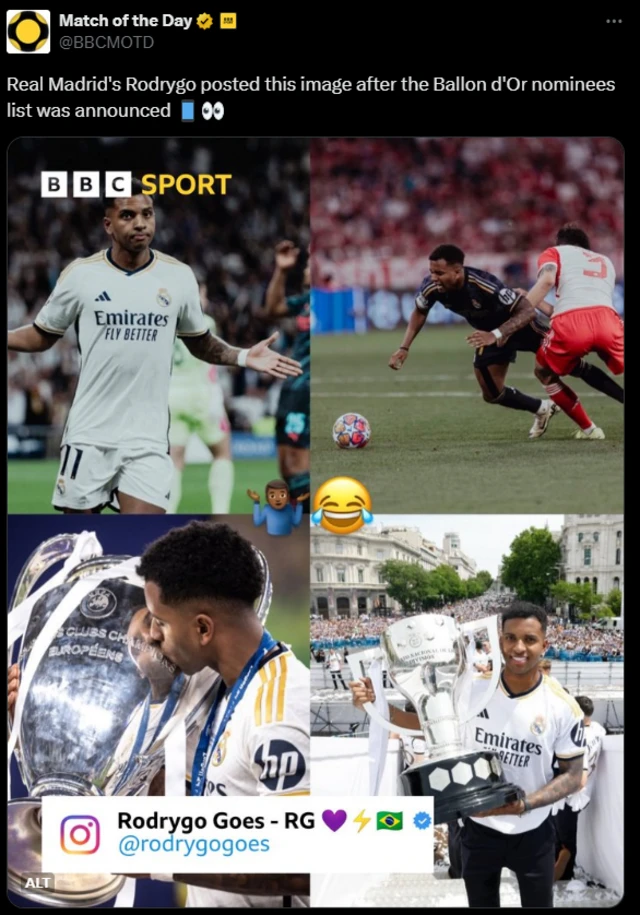 Rodrygo Instagram post reproduced by BBC Match of the Day on X