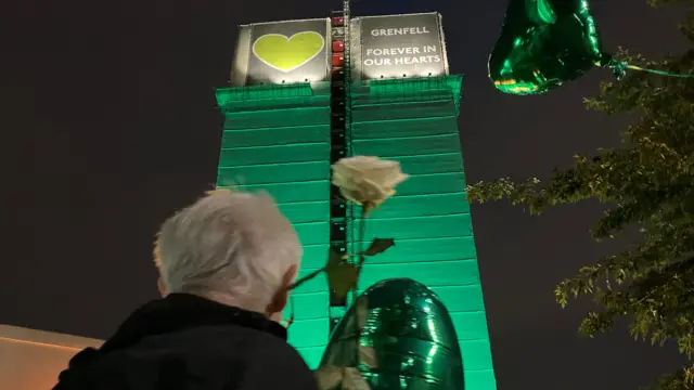 Grenfell Tower lit in green