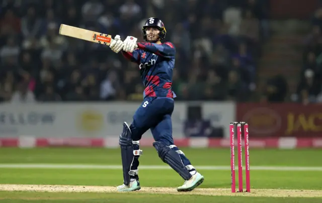 Justin Broad of Northamptonshire Steelbacks plays the ball to the boundary