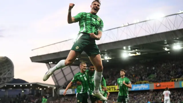 Dan Ballard celebrates scoring Northern Ireland's second goal against Luxembourg