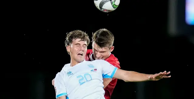 Goal scorer Nicko Sensoli goes up for a header in San Marino's win over Liechtenstein