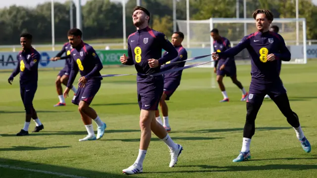 England's Jack Grealish and Declan Rice during training