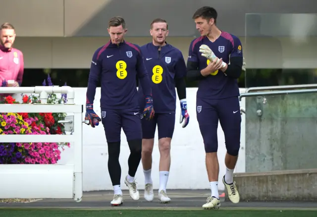 England goalkeepers Dean Henderson (left), Jordan Pickford and Nicholas Pope (right) during a training session at St George's Park