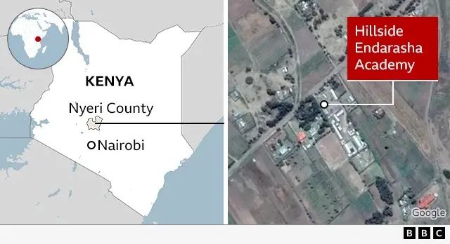 Composite graphic of two images. The first shows a map of Kenya with Nairobi and Nyeri County marked. The other image is a Google maps satellite image showing Hillside Endarasha Academy school