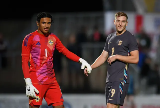 Northern Ireland keeper Pierce Charles and England substitute Liam Delap during the 0-0 draw