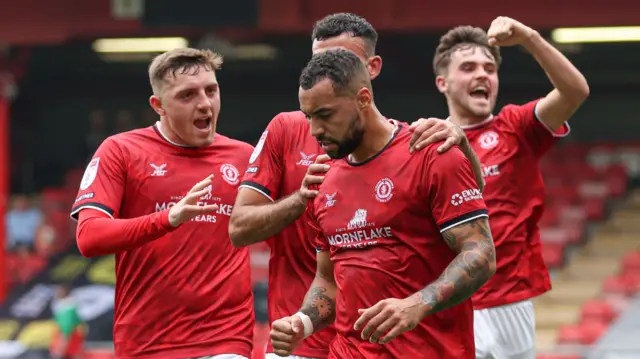 Kane Hemmings celebrates scoring for Crewe