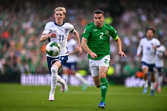 Seamus Coleman of Republic of Ireland in action against Anthony Gordon of England during the UEFA Nations League B Group 2 match between Republic of Ireland and England at Aviva Stadium in Dublin