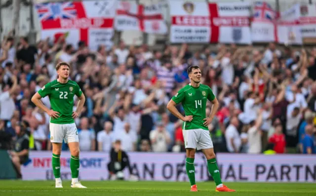 Nathan Collins, left, and Jayson Molumby of Republic of Ireland react after their side conceded a second goal during the UEFA Nations League B Group 2 match between Republic of Ireland and England