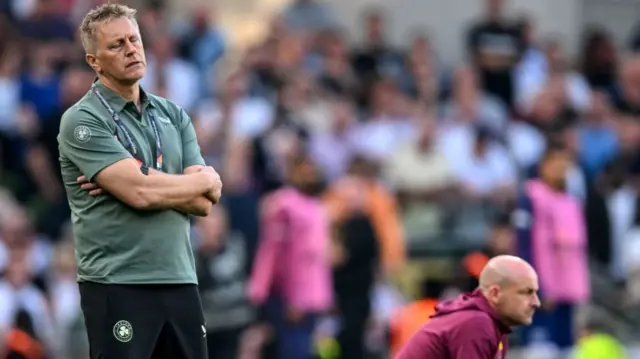 Republic of Ireland head coach Heimir Hallgrimsson, left, and England interim manager Lee Carsley