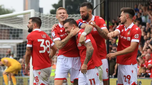 Wrexham celebrate Jack Marriott's goal