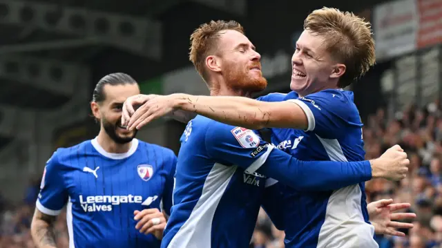 Chesterfield celebrate scoring against Grimsby