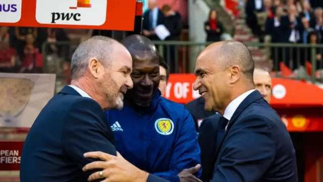 Scotland Manager Steve Clarke and Roberto Martinez shake hands pre-match. 11/06/19. UEFA EUROPEAN QUALIFIER (GROUP I). BELGIUM vs SCOTLAND. KING BAUDOUIN STADIUM - BRUSSELS