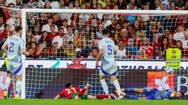 Scotland goalkeeper Angus Gunn (R) saves a header by Portugal's Diogo Jota during a UEFA Nations League match between Portugal and Scotland at the Estadio da Luz, on September 08, 2024, in Lisbon, Portugal. (Photo by Craig Williamson / SNS Group)