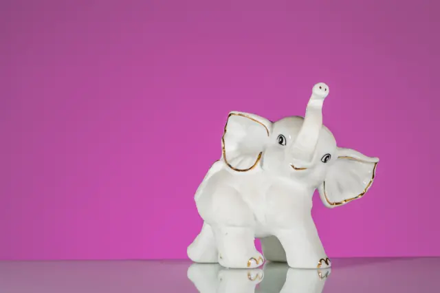 Ceramic white elephant sitting on a shiny surface with a pink backdrop