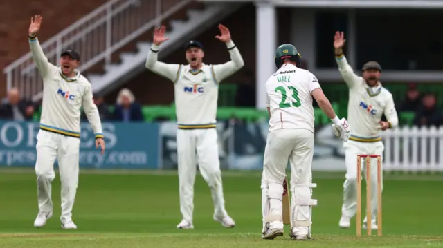 Lewis Hill survives a shout for caught behind by the Yorkshire slips cordon