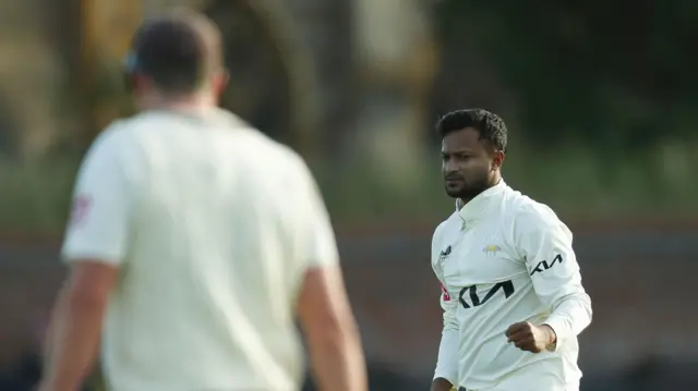 Shakib Al Hasan takes the wicket of Brett Randell of Somerset
