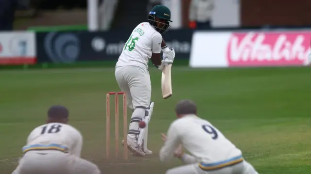 Adam Lyth catches Rehan Ahmed at slip during Day 1 of the Vitality County Championship Two match between Leicestershire County Cricket Club and Yorkshire County Cricket Club