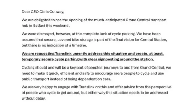 A screenshot of the letter sent from the cycling group to Translink calling for improved cycling provision at Grand Central Station.