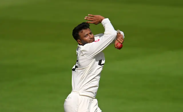 Shakib Al Hasan of Surrey in bowling action during Day One of the Vitality County Championship Division One match between Somerset and Surrey