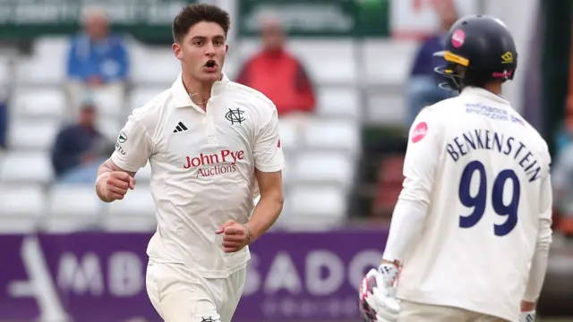 Rob Lord of Nottinghamshire celebrates taking the wicket of Luc Benkenstein