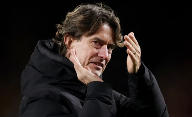 Brentford manager Thomas Frank acknowledges the crowd