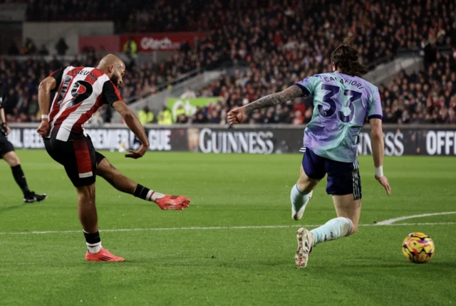 Brentford's Bryan Mbeumo scores