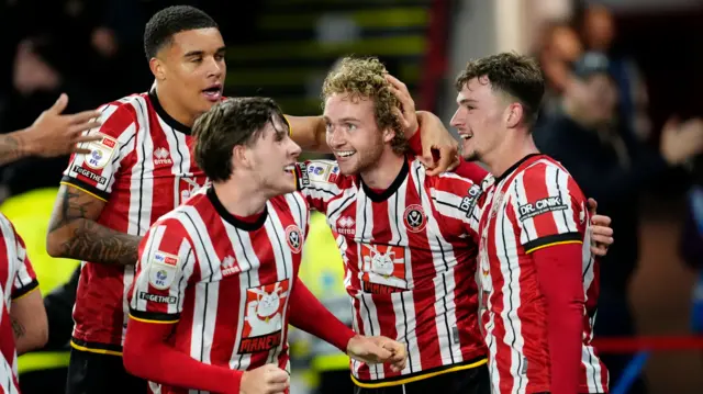 Tom Davies celebrates with team-mates after his goal earned Sheffield United a win over Sunderland in November