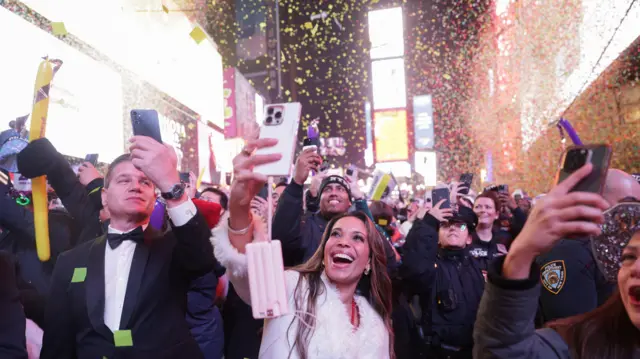 Confetti flies at Times Square during New Year's celebrations in New York City