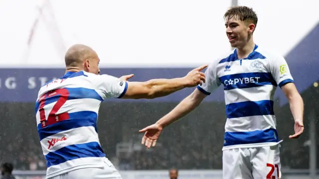 Michael Frey celebrates with Kieran Morgan after giving QPR the lead against Watford