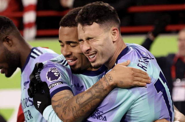 Arsenal's Gabriel Martinelli celebrates scoring their third goal with Gabriel Jesus