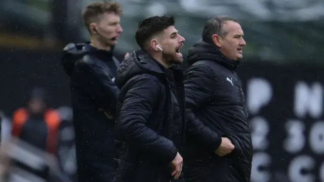 Plymouth player/coach Joe Edwards shouts instructions from the sideline