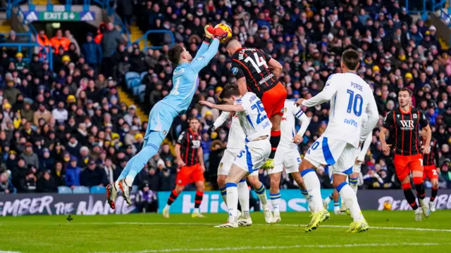 Leeds United goalkeeper Illan Meslier collides with Blackburn Rovers forward Andreas Weimann