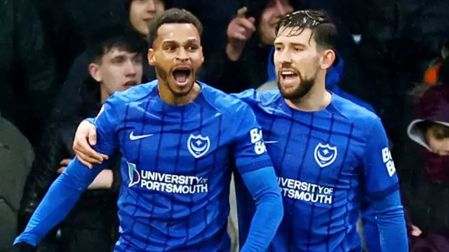 Portsmouth goalscorer Josh Murphy with team-mate Callum Lang