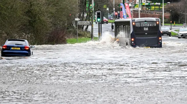 Flood water in Scot Lane near Wigan's stadium