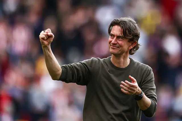 Thomas Frank, the manager of Brentford, is celebrating