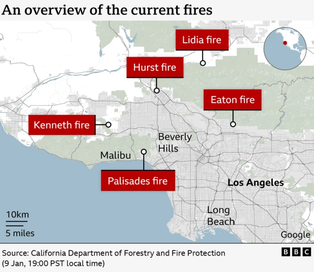 A map titled 'Overview of the current fires' showing their location on a map of LA and surrounding areas