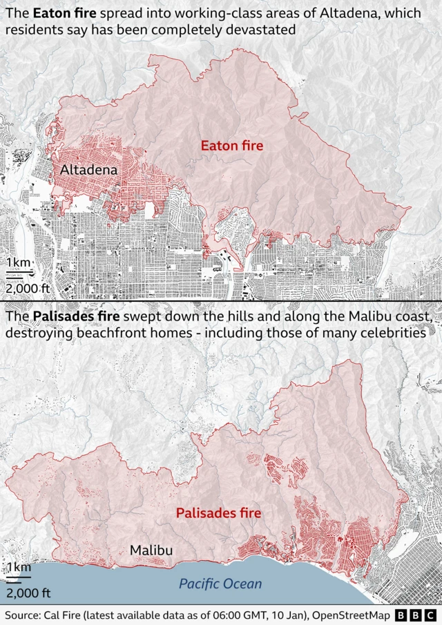 Two maps showing the areas affected by the Eaton Fire (top) and Palisades Fire (bottom) in red to show impact on both inhabited and rural areas of LA and Ventura counties