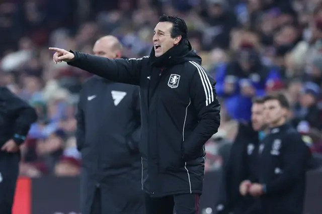 Unai Emery, manager of Aston Villa, issues instructions